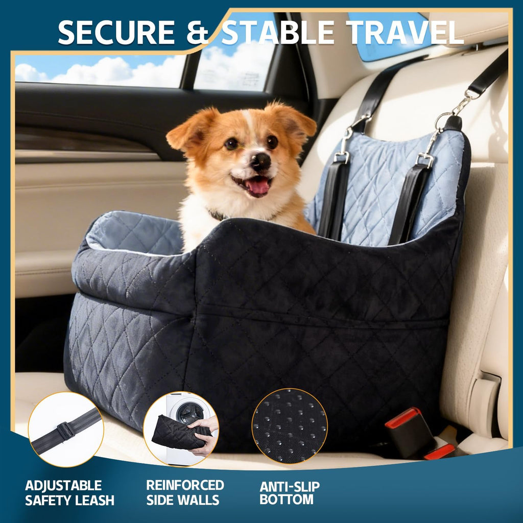 Dog Car Seat for Small Dogs, Elevated Booster Seat with Leash | Washable Pet Travel Bed with Anti-Slip Base, Cozy Padded Car Seat for Dogs Up to 30 lbs, Secure & Comfortable Road Trips