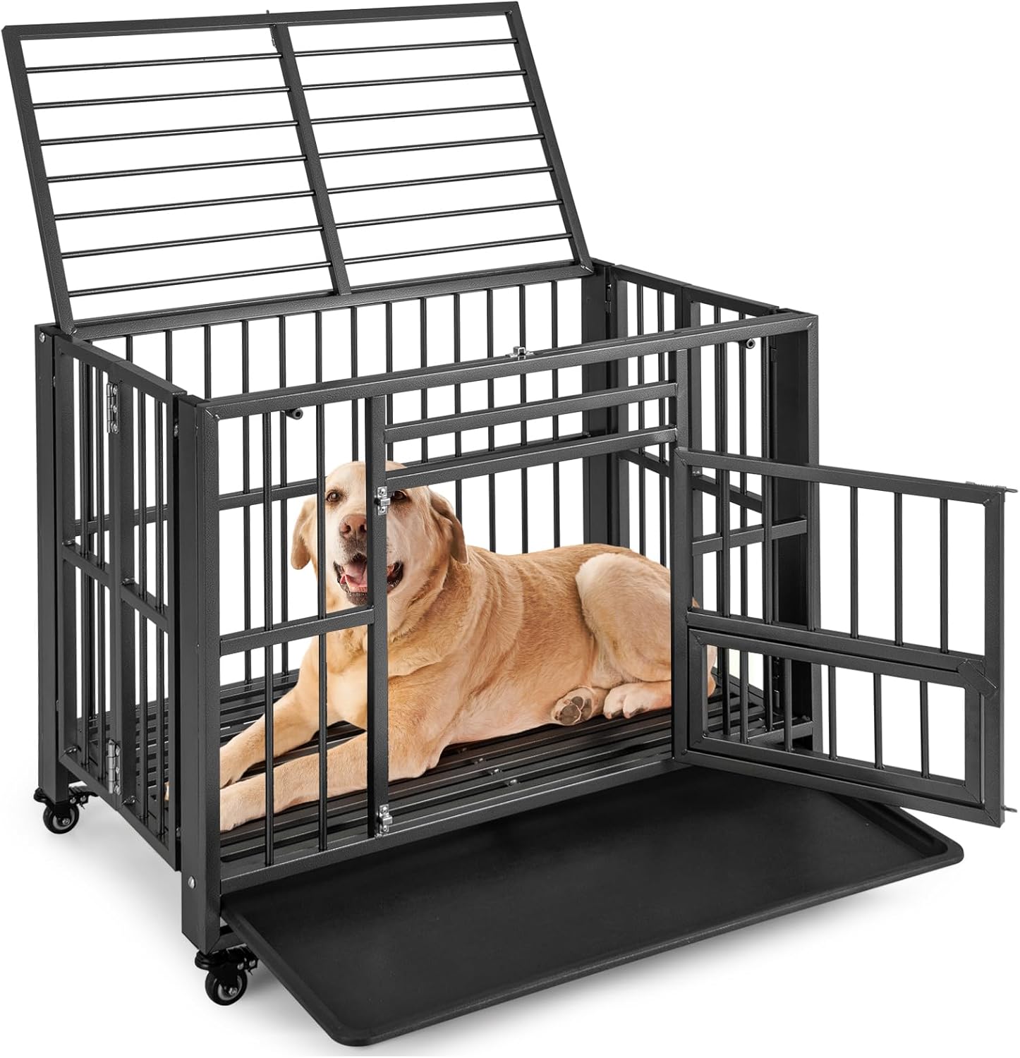 Tangkula Foldable Dog Crate, 3-Door Heavy Duty Dog Kennel with Removable Crate Tray, 4 Smooth Wheels, Indestructible Dog Crate for Indoor and Outdoor, Kennel Cage for Medium and Large Dogs