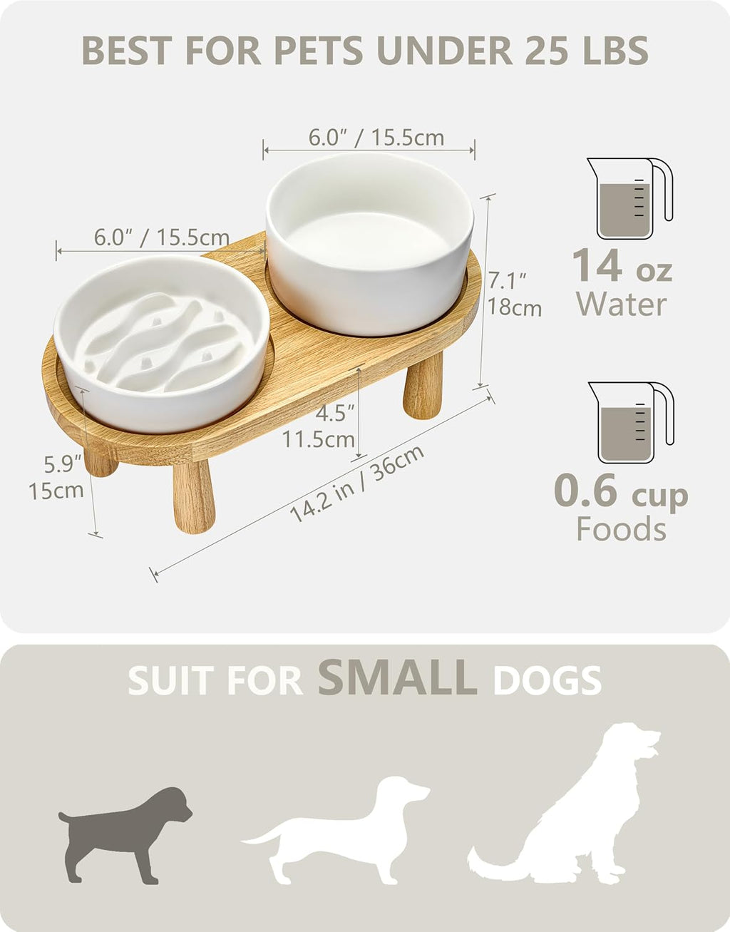 Ceramic Slow Feeder and Water Bowl Set for Small Dogs, 0.6 Cups Dog Slow Feeder(14oz) and 30oz Water Bowl Set, 6in, White