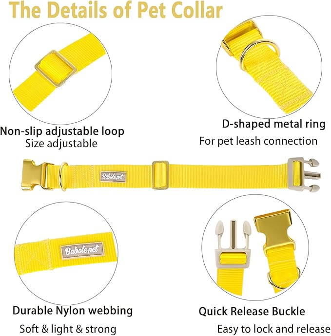 Nylon Dog Collar - Adjustable Yellow Soft Webbing Dog Collars for Small Medium Large Dogs Boy Girl Puppy Collar with Safety Metal Buckle S