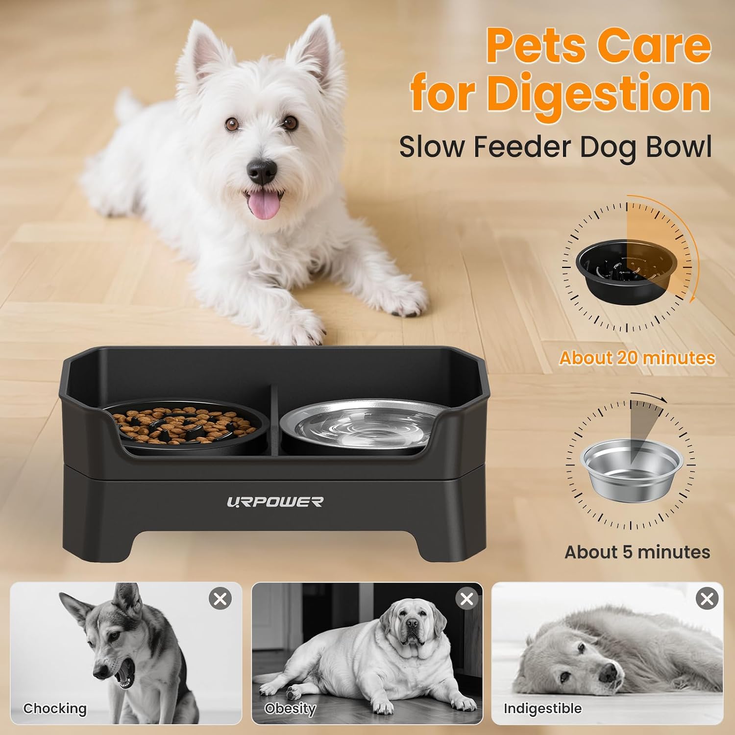 URPOWER Mess Proof Elevated Dog Bowls Double Deck Slow Feeder | No Spill Water Bowl, Slow Feeder Dog Bowls, Non-Slip Food and Water Bowl Set for Small, Medium & Large Dogs