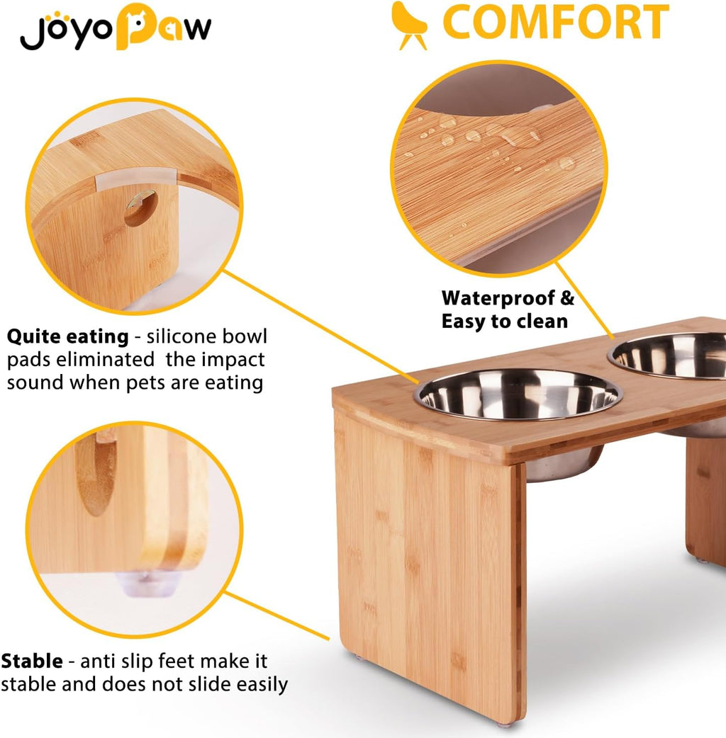 Elevated Dog Bowls, Bamboo Raised Dog Bowl for Large Dogs & Medium Dogs, with 2 Stainless Steel Bowls (10'' Tall–48 oz Bowl)