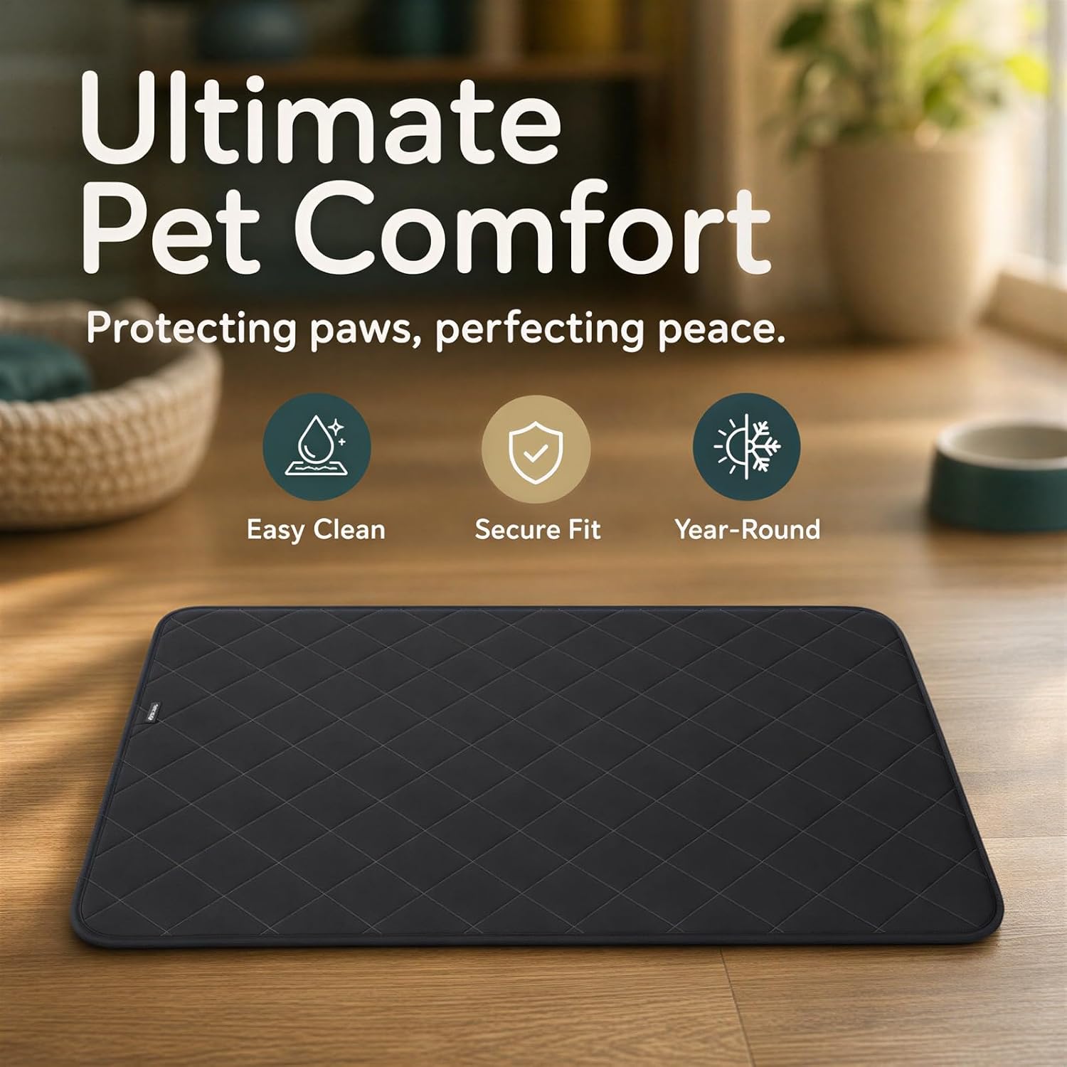 Machine Washable Kennel Mat, Oxford Cloth Mat with Rhombus Quilted Design, Liquid-Shedding Crate Pad for Smaller Animals, All-Season Bedding for Indoor Travel and Home, Black