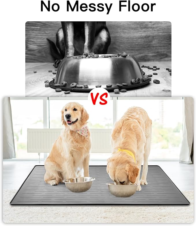 39.4"x29.5" Large Pet Food Mat, Silicone Dog Mats for Food and Water, Nonslip Pet Feeding Mats for Floors,Dog Cat Bowl Mat with Raised Edges, Beige