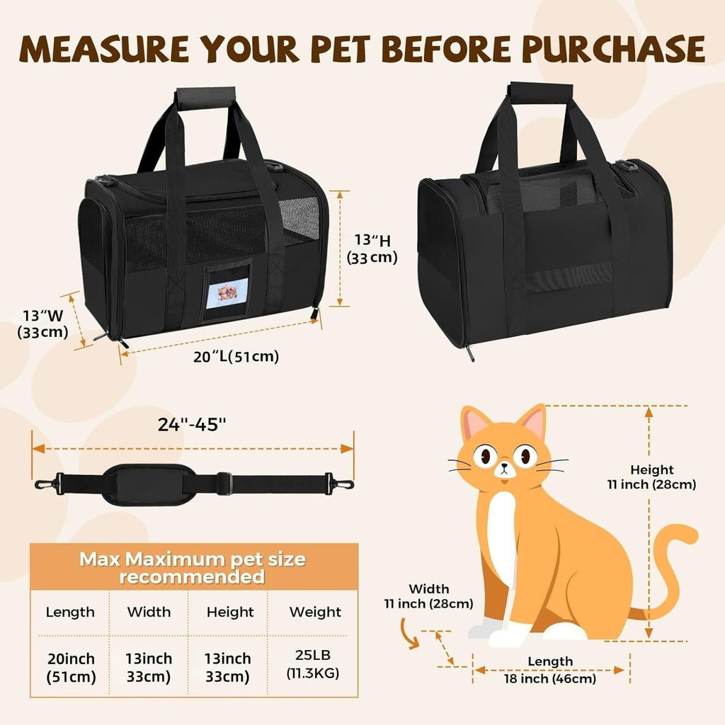 Large Soft Cat Carrier with Detachable Food Bowl,Pet Bag (Up to 28 lbs) | Puppy Kennel with Lockable Zippers for Small Dog, Kitten,Medium Travel Carrying Case for Car Airline Transport,Black
