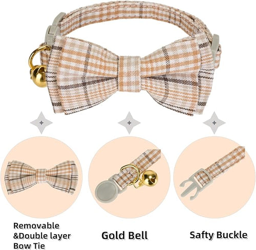 2 Pack Soft Cotton Cat Collars with Bowtie and Bell Breakaway Plaid Cat Kitten Collar(Beige and Amber)