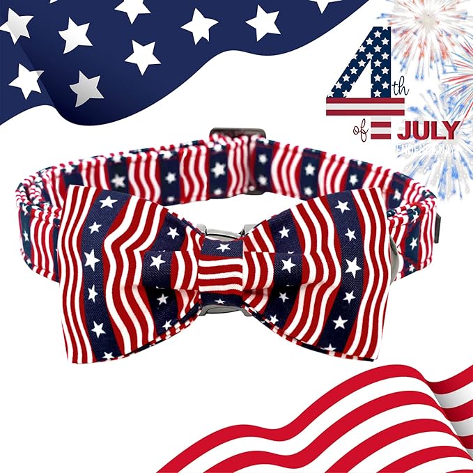 Lionheart glory American Flag Dog Collar, 4 of July Dog Bow Collar Heavy Duty Adjustable Patriotic Dog Collar with Bowtie for Small Dogs Pet Gift