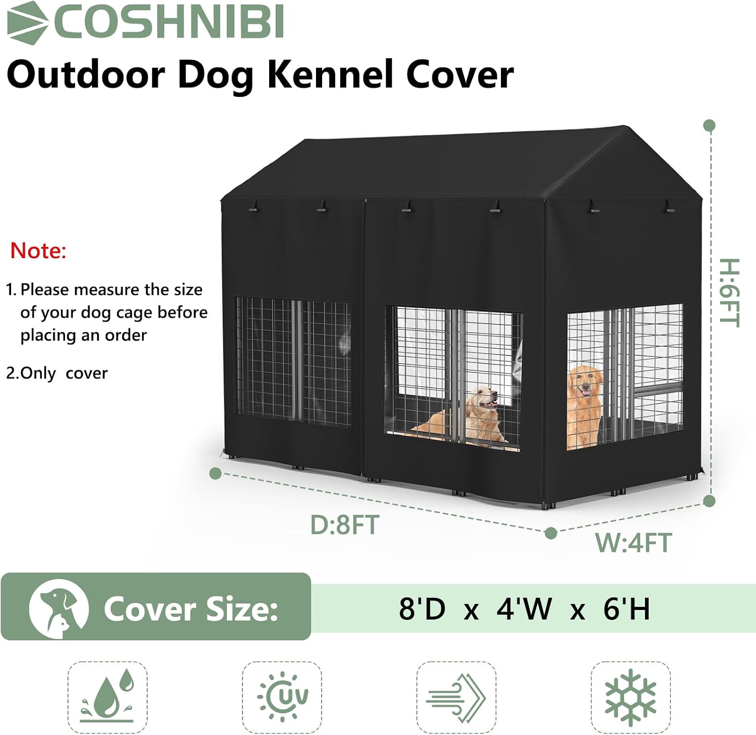 COSHNIBI Outdoor Dog Kennel Cover, Heavy Duty Waterproof Large Dog Cage Cover, Windproof UV Resistant, Fits for 8.1'Dx4.1'Wx6.1'H Dog Cages, Black
