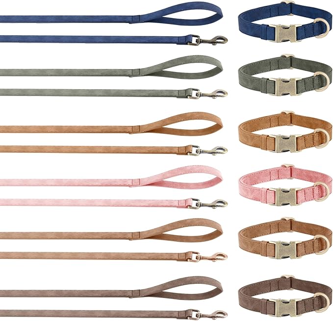 Genuine Leather Dog Collar - Adjustable Pet Collar with Quick Release Metal Buckle, Soft Skin Friendly Real Leather Collar for Small, Medium, Large Dogs (Blue Collar + Rope, L：Fit 15-23" Neck)