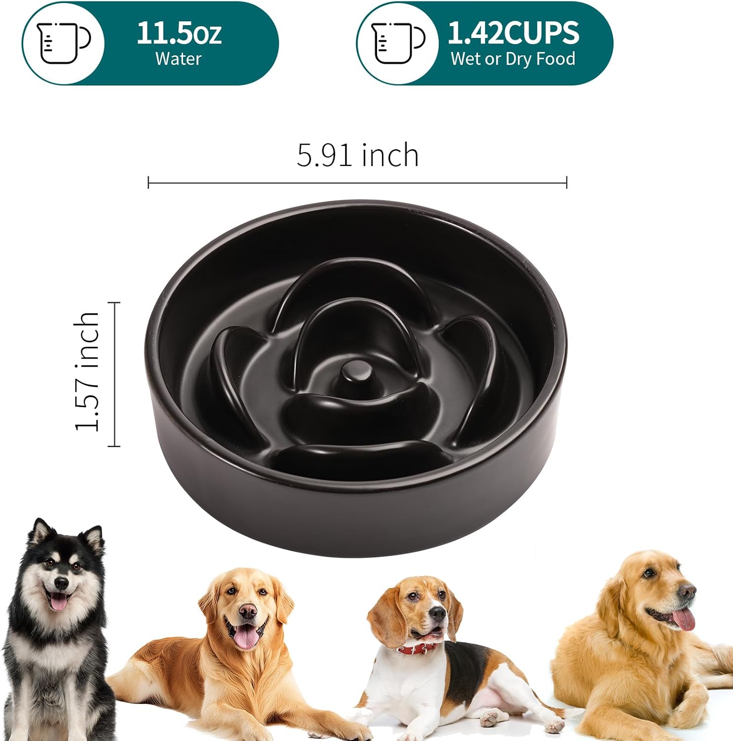 Black Ceramic Slow Feeder Dog Bowl for Small and Medium Breeds,6.1 in Slow Feeding Bowl,Puzzle Cat Dog Food Bowl for Fast Eater,Maze Dish Puzzle Bowl for Small Dogs and Cats