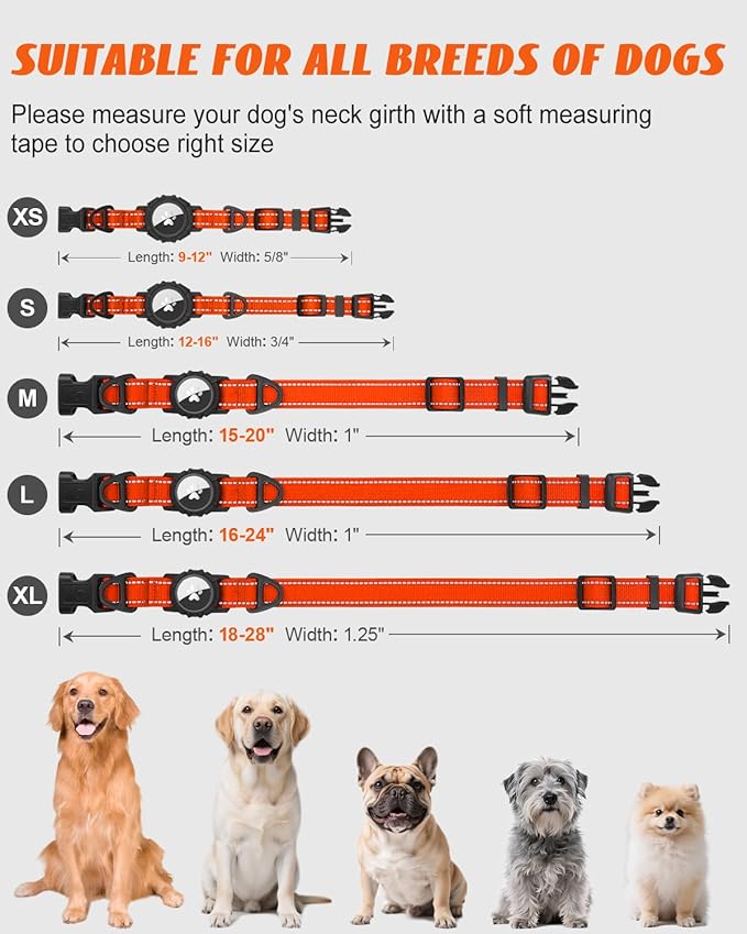 Joytale Airtag Dog Collar, Reflective Pet Collar with Waterproof AirTag Holder, Dual D-Rings, Soft Padded Adjustable for Extra Small and Puppy Dogs, Orange, XS