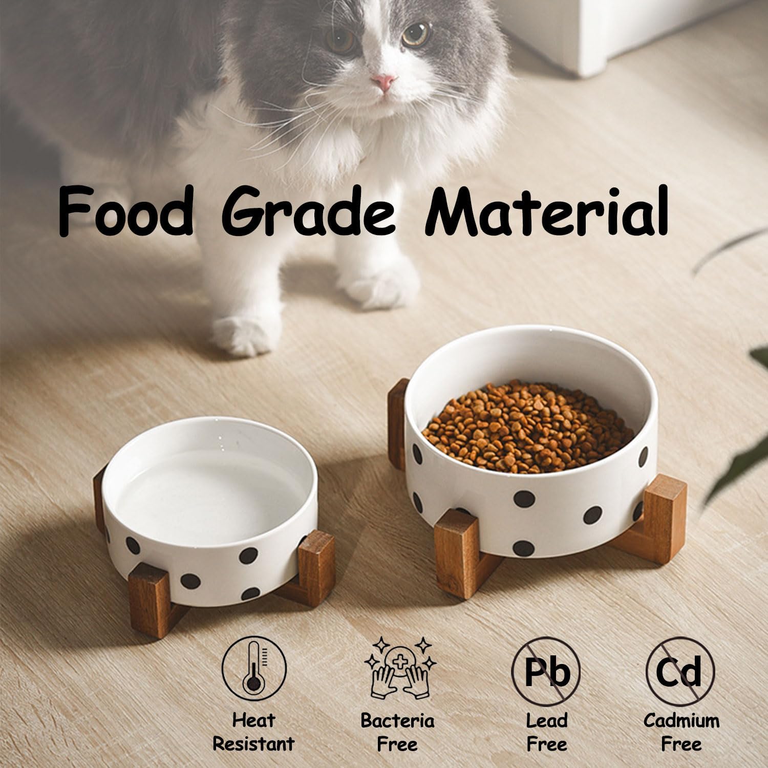 Petygooing Ceramic Dog Bowl Set with Stand,Pet Food and Water Bowl, Anti -Slip Set of 2 Pet Bowls-Dog Food Bowls- Pet Feeder Small Medium Size (28 OZ /3.6 Cups) Black Dot