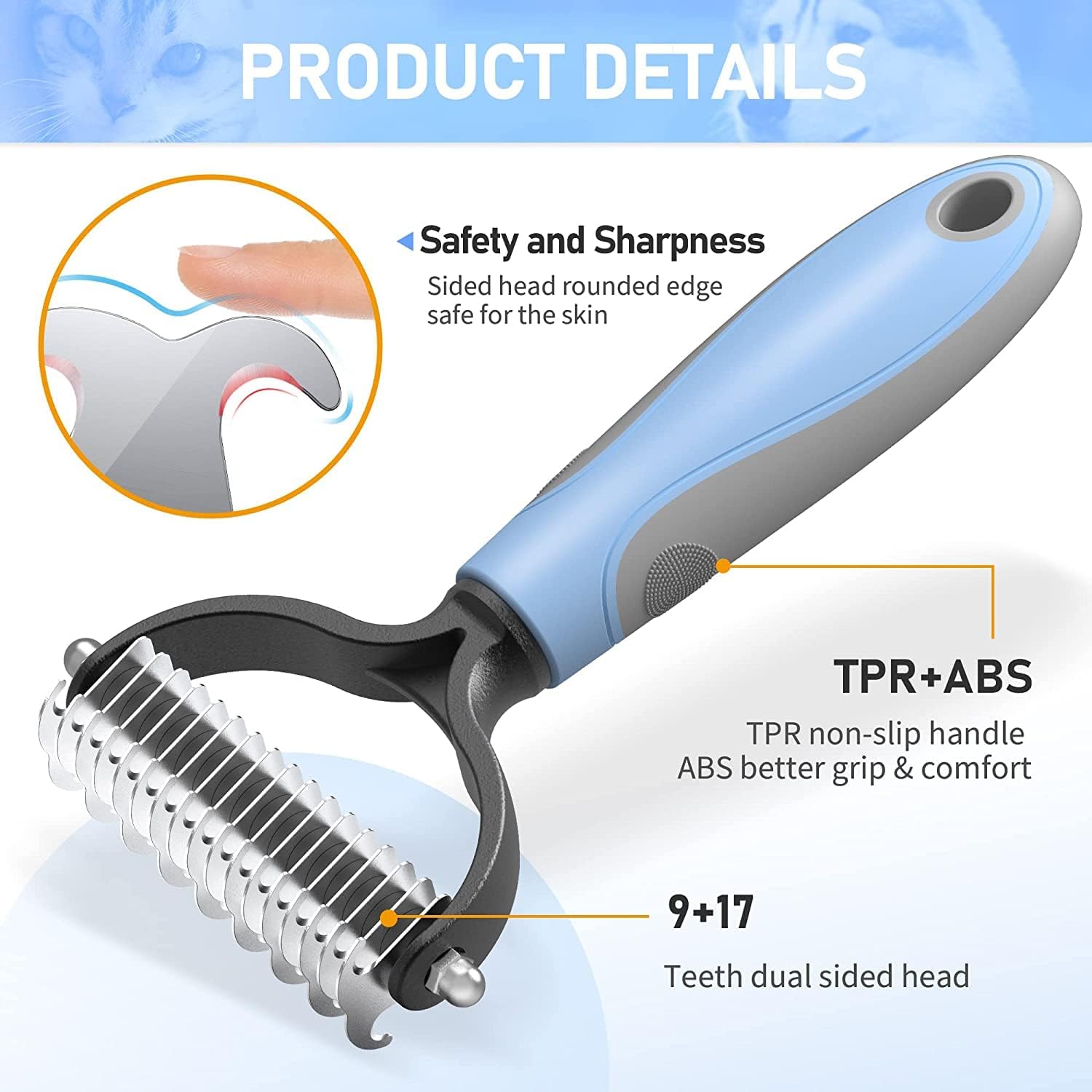 Grooming Tool- Dog and Cat Dematting Comb and Brush with 2 Sided Professional Grooming Rake (Blue, Grey)
