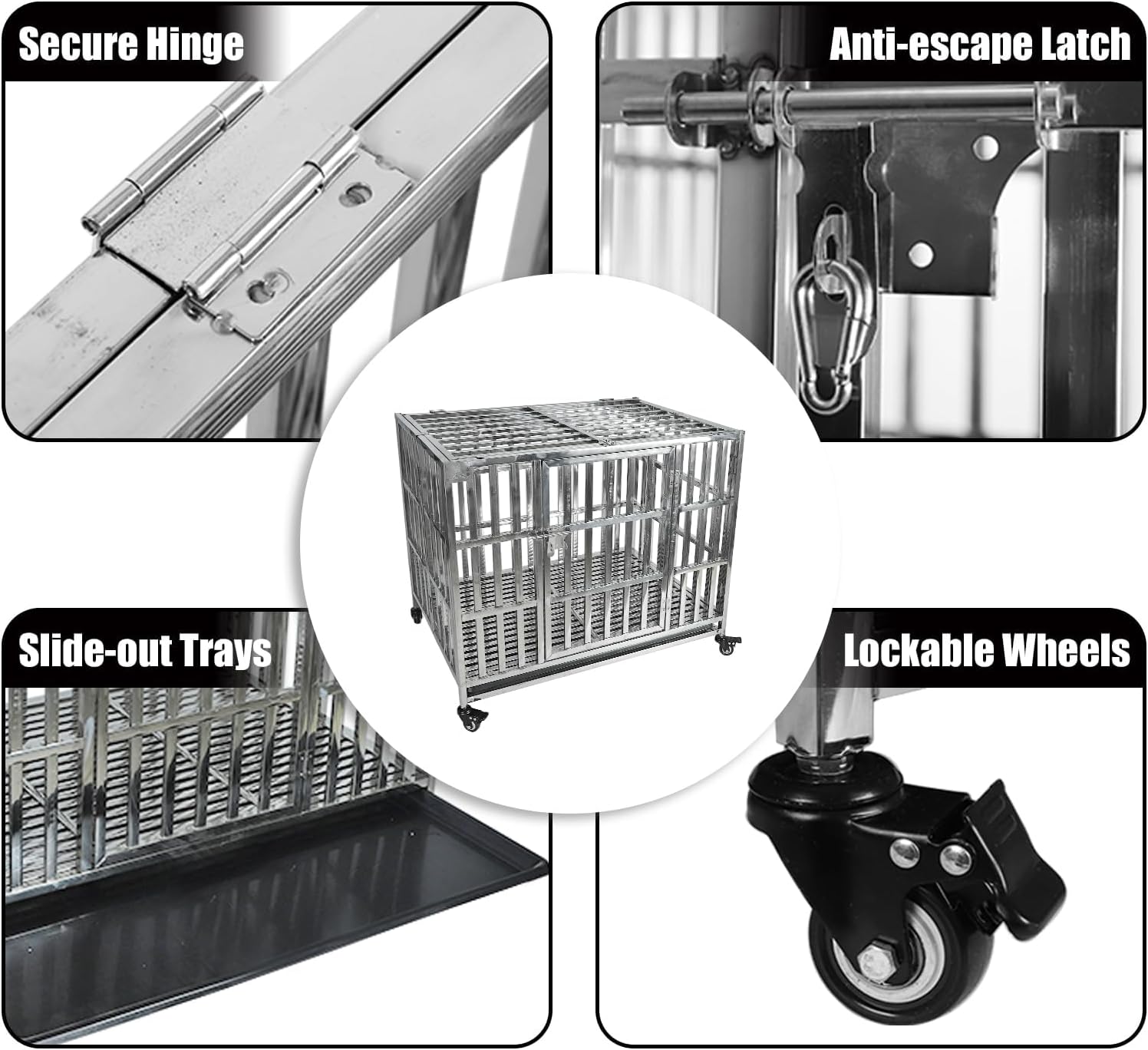 Confote 37 Inch Heavy Duty Dog Crate Metal Cage Kennel, High Anxiety Pet Cage with Lockable Wheels & Double Doors for Small Medium Large Dogs