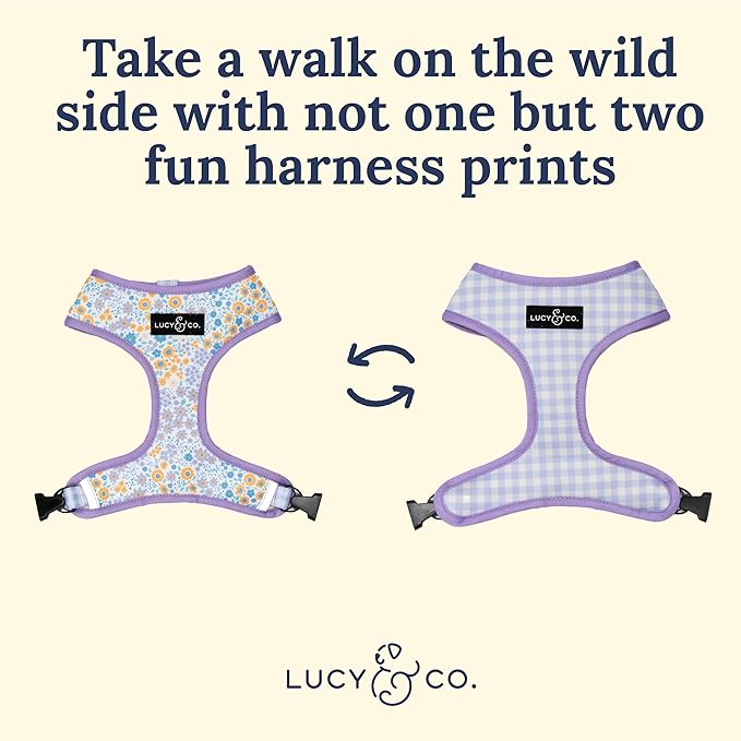 Lucy & Co. Cute Reversible Dog Harness Walking Halter - Best Designer Pet Harnesses for XS - XL Dogs - Padded Adjustable Vest for Easy Walking (X-Large, Among The Wildflowers - Purple Floral)