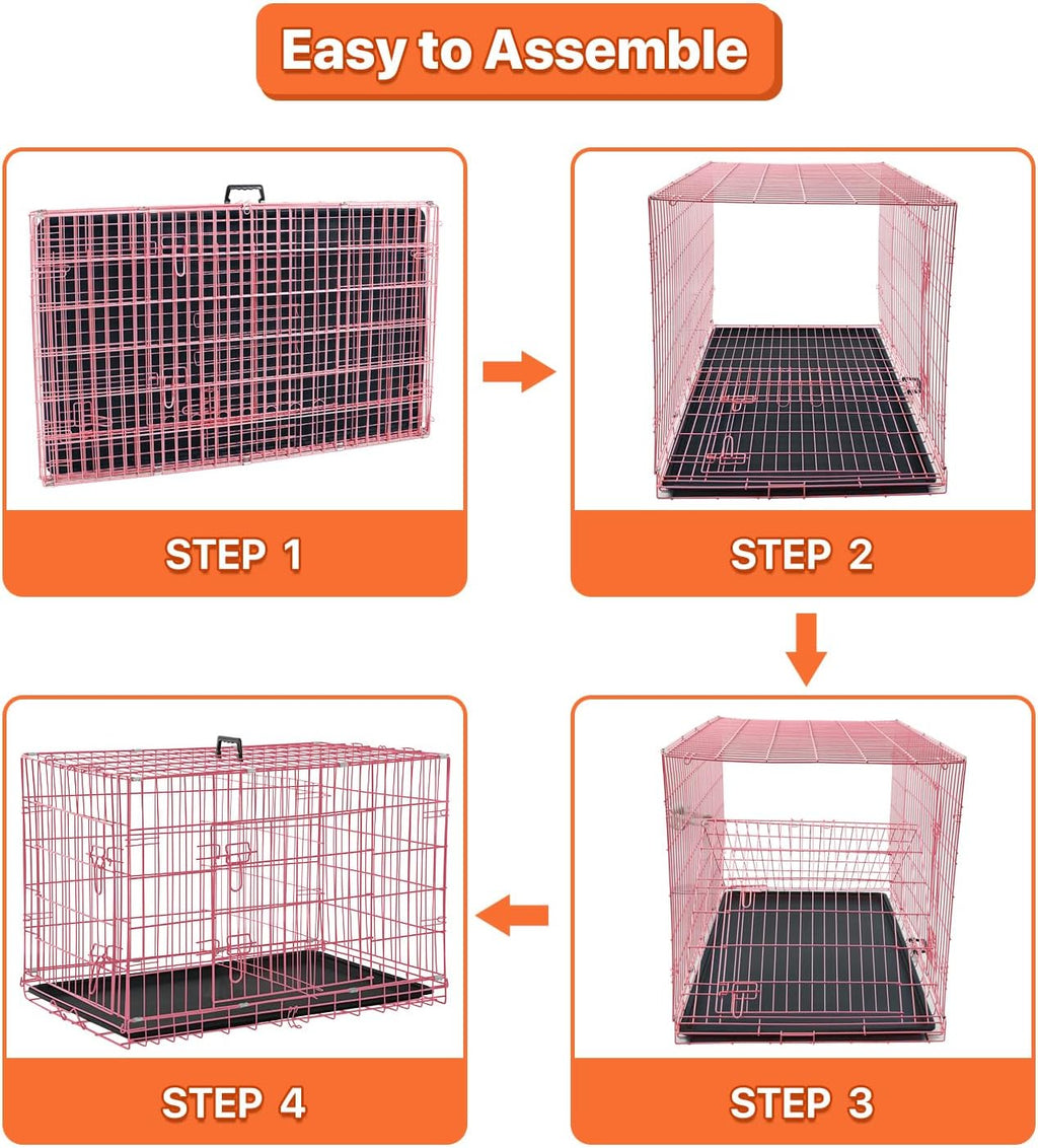 Dog Crate for Large Medium Small Dogs, Folding Dog Kennel Cage with Plastic Tray & Divider 48"/42"/ 36"/ 30"/ 24" Indoor Outdoor Metal Double Door Heavy Duty Dog Pen Enclosure, Pink(24 Inch)