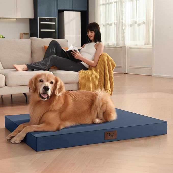Outdoor Dog Bed for Small Dogs & Cats, Waterproof Dog Crate Mat Orthopedic Egg Crate Foam with Washable Removable Oxford Cover, Navy