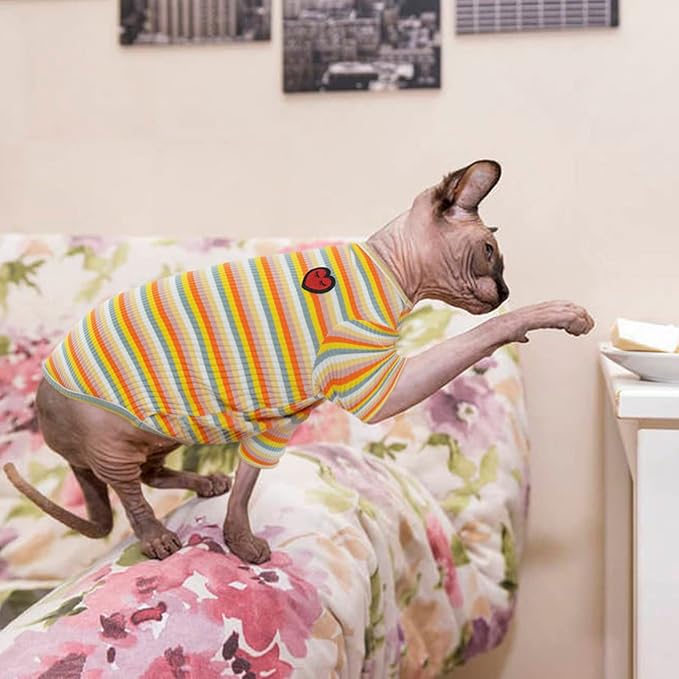 DENTRUN Hairless Cats Shirt Breathable Cat Daily Wear Clothes Stripe Vest Adorable Pajamas Jumpsuit Soft & Skin-Friendly