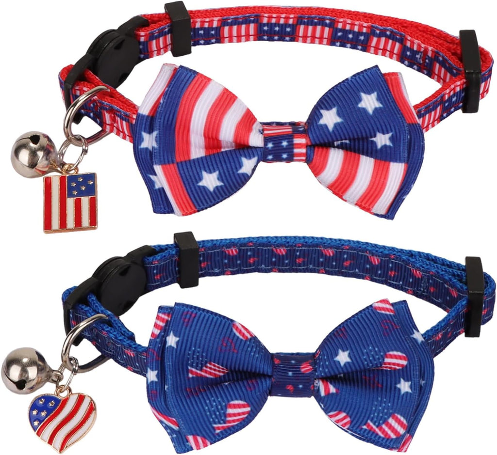 PTDECOR 4th of July Cat Collar with Bow, American Flag Patriotic Cat Collar | Detachable Bow Tie, Safe Breakaway Buckle, Adjustable, 2 Pack 4th of July Patriotic Collar for Cats Kittens