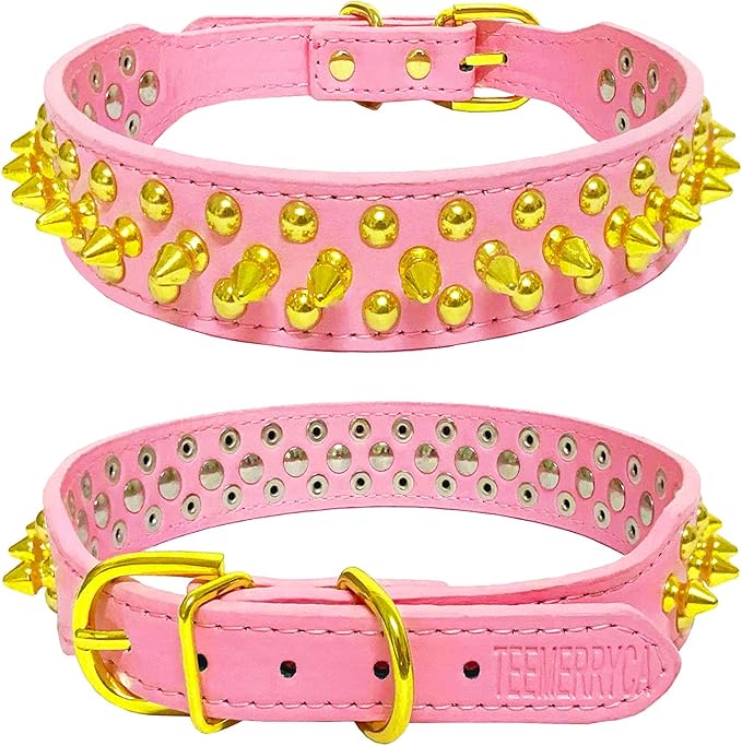 TEEMERRYCA Pink Leather Gold Spiked Studded Dog Collar for Female Puppy Small Medium Large Pets,Pit Bulls Bulldog, Keep Dog Safe from Grabbing by Huge Dogs, XL 17.7"-20.5"