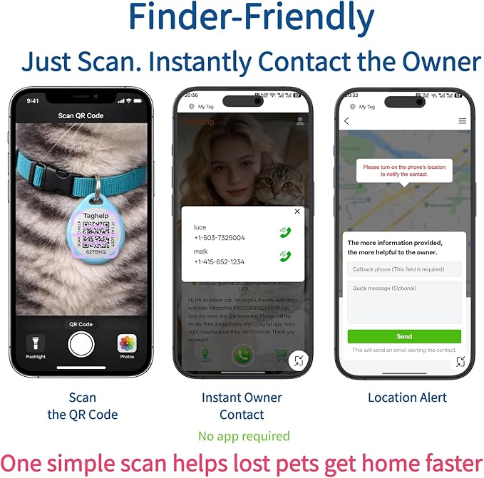QR Code Cat ID Tag for Collar, Smart Pet ID with Online Profile, Instant Scan to Contact Owner & Location Email Alert, Silent Anti-Lost Cat Tag, No App or Subscription, Blue 1”