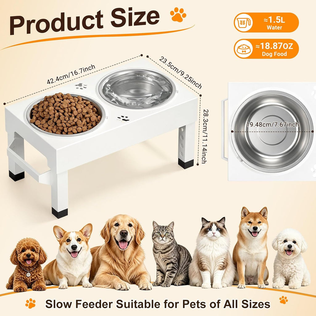 Elevated Dog Bowls Stand Large Breed, Height Adjustable Raised Dog Bowls Holder with 2 Stainless Steel Food Bowls for Small, Medium and Large Canine，White