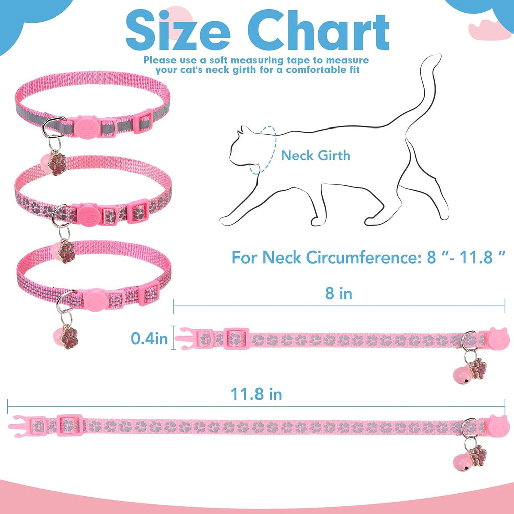 BINGPET Reflective Cat Collar Breakaway with Bells,3 Pack Kitten Collar for Girl Boy Cats with Cute Pendant Glow in The Dark,Adjustable 8''-11.8'',Pink