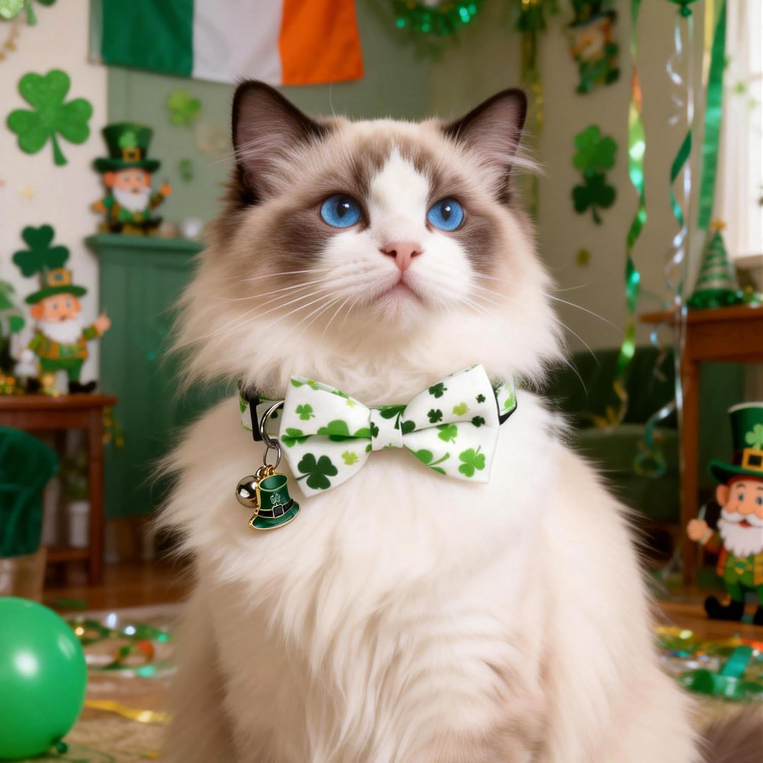 2 Pack Shamrocks Cat Collar Breakaway with Cute Bow Tie Bell Charm, Green Lucky Clover St Patricks Day Holiday Collars for Girl Boy Cats Kittens with Adjustable Safety Buckle