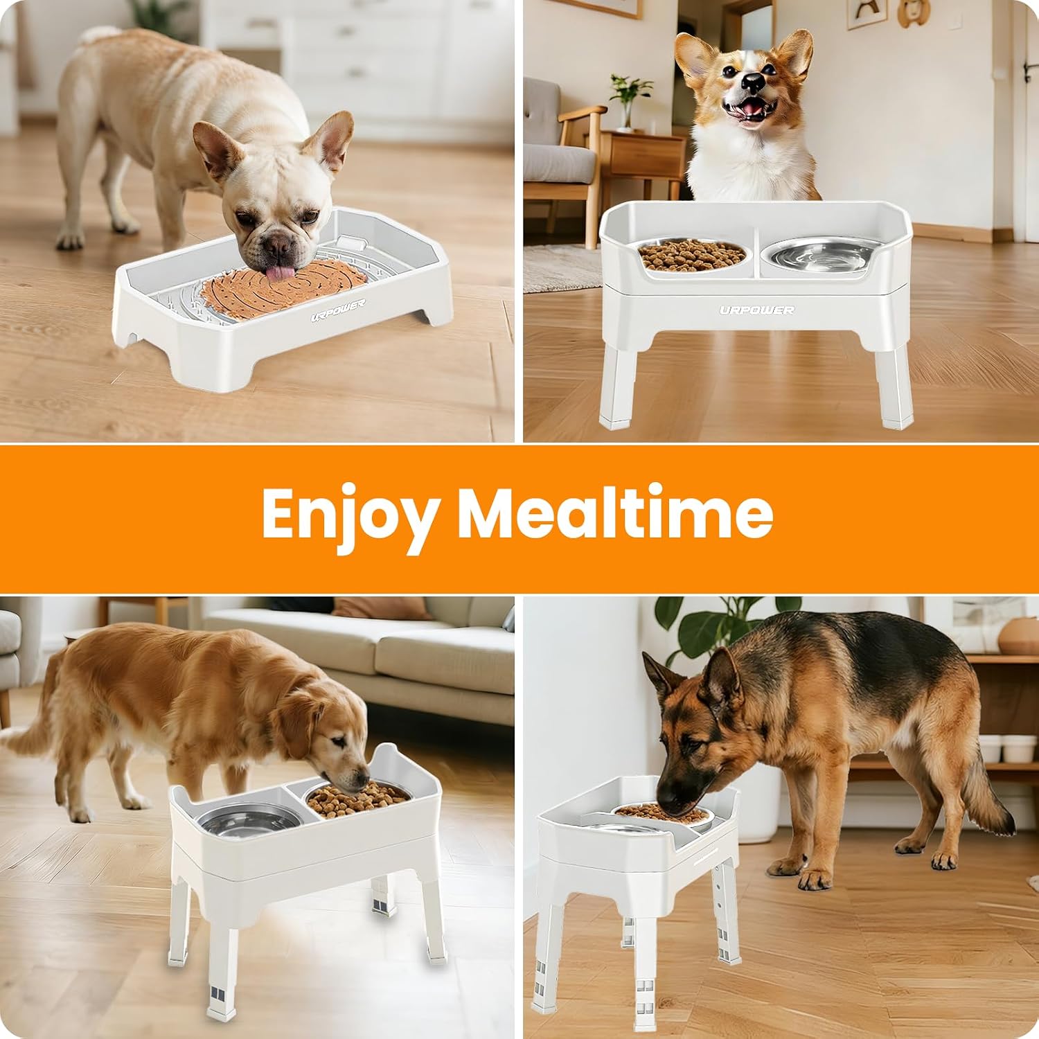 URPOWER Elevated Dog Bowls, 3-in-1 Double Deck Raised Dog Bowl Stand | 4 Height Adjustable Raised Stand with 2 Stainless Steel Food Bowls & Licking Plate for Small, Medium & Large Dogs