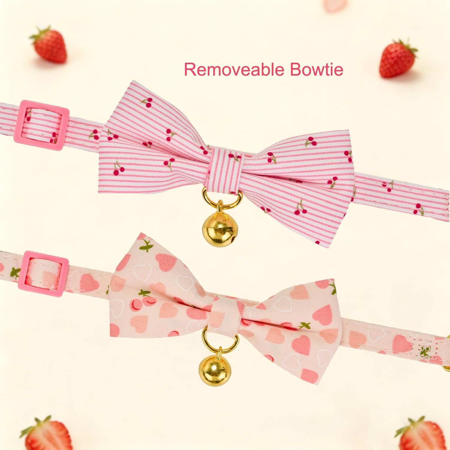 2 Pack Cat Collars with Bow Tie and Bell Adjustable Breakaway Pink Kitten Collar for Female Cats(Peach & Cherry)