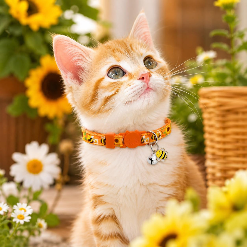 Summer Cat Collar 2 Pack Strawberry Bee Breakaway Cat Collars with Bell & Charm, Adjustable 7.8-12.8 in Soft Cute Kitten Collars for Cats Kittens