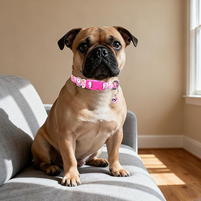 Small Dog Collar with Bell，Nylon - Adjustable XXS/XS Tiny Dog & Cat Collar for Small Breeds,Soft Pink Collar with Quick-Release Buckle（Flowers S）