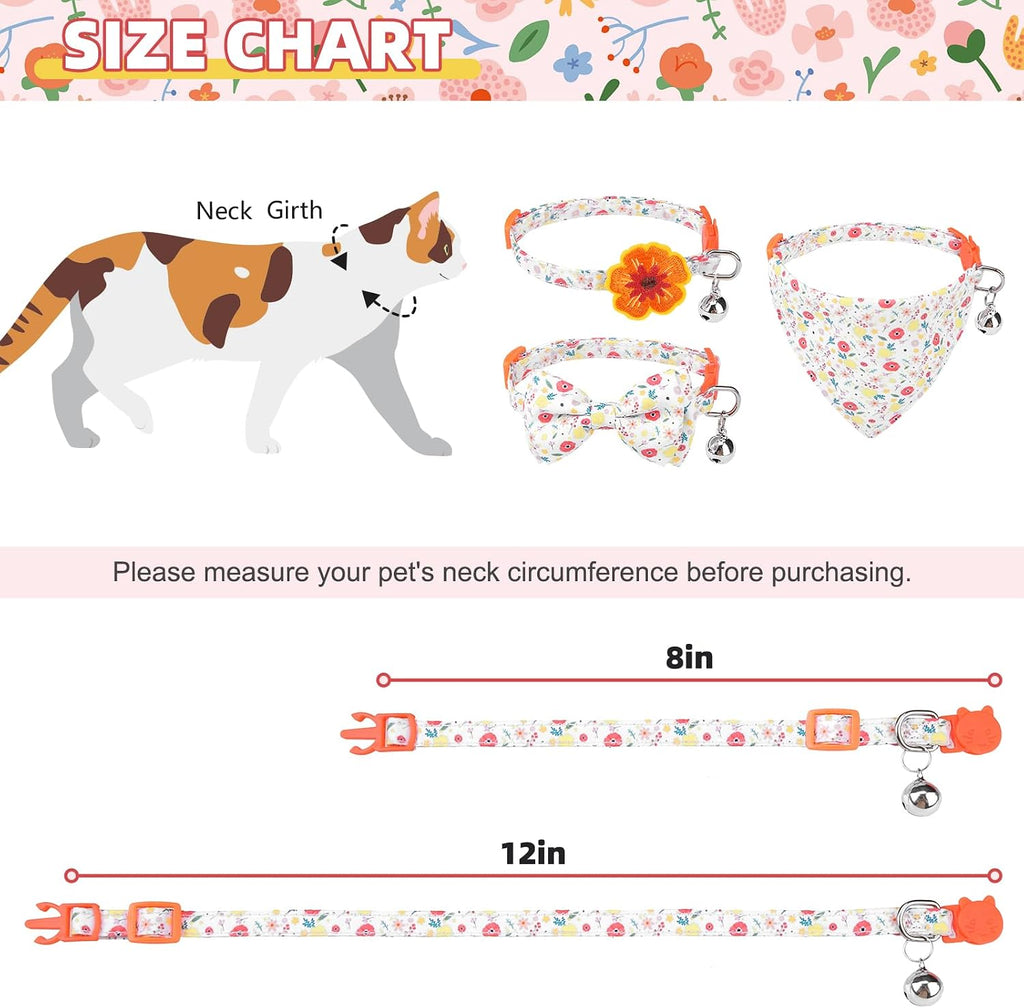 Summer Cat Collar Breakaway with Bells and Bowtie, 2 Pack Cute Leather Cat Bandana Collar with Safety Buckle Adjustable Size for Small Kitten Boys Girls, White+Orange Flower
