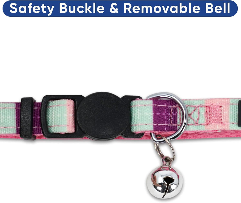 Pawtitas Pet Multicolor Cat Collar Teal/Pink/Purple with Safety Buckle and Removable Bell for Cats and Kittens