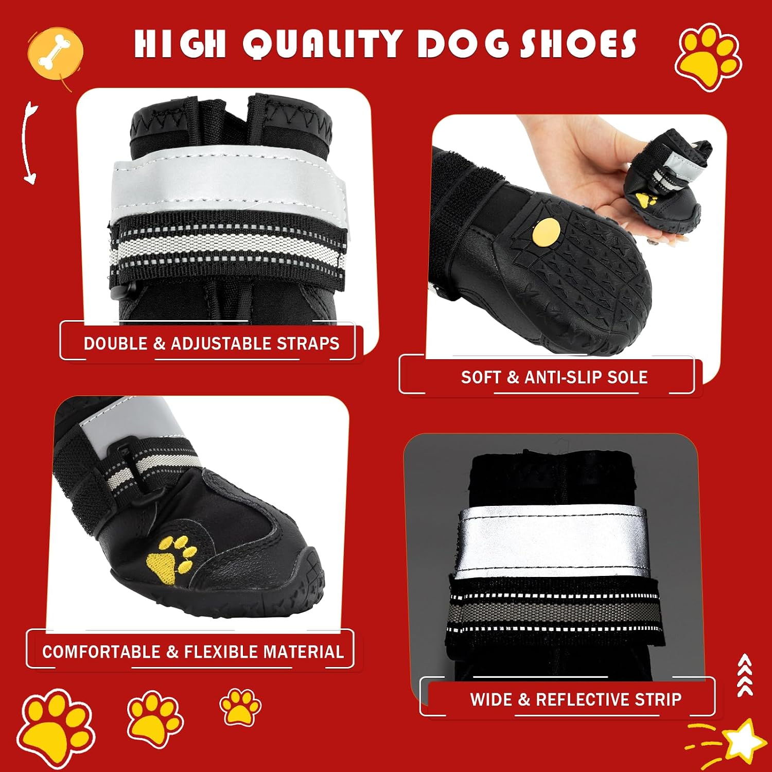 Dog Shoes, Dog Boots for Small, Medium & Large Dogs, Anti-Slip & Paw Protectors Pet Shoes for Indoor/Outdoor Walking on Summer Hot Pavement, Winter Snowy Day,Rainny Day (4PCS, Black)