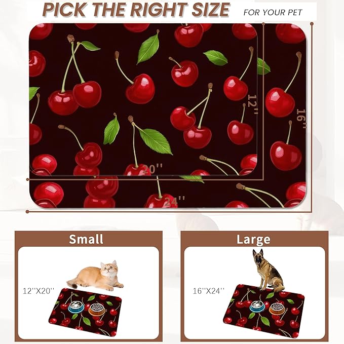 Red Cherry Pet Feeding Mat,Absorbent Quick-Dry Cat Dog Food and Water Bowl Mats,Non-Slip Rubber Backing Mat,Cat Dog Accessories Supplies 16"x24"