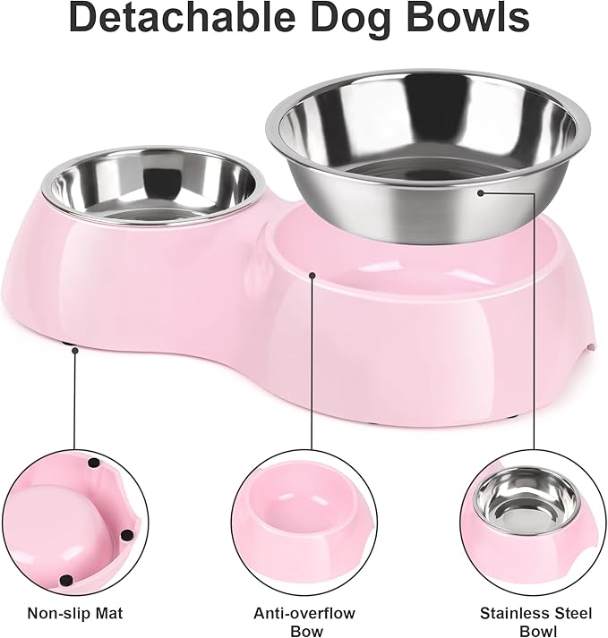 Elevated Dog Bowls Set - Non-Slip Raised Pet Feeder with Medium (10 oz) & Large (20 oz) Stainless Steel Bowls - Includes Durable Resin Stand for Corgi Puppies and Adult Cats - Pink