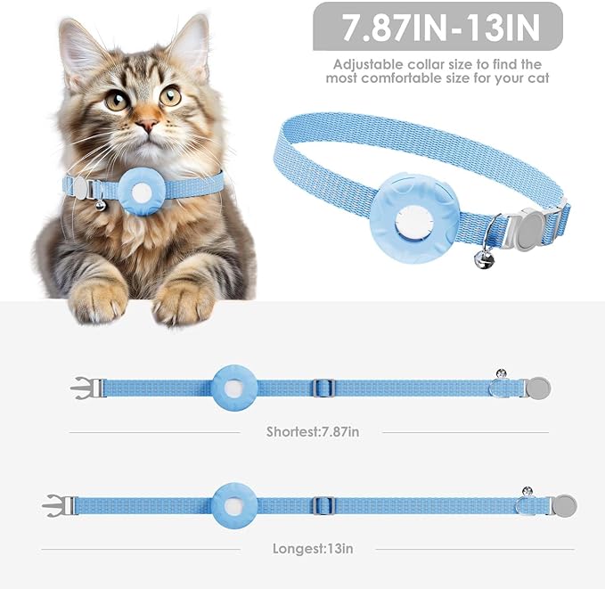 GPS Tracker for Cats, Compatible with Apple Find My App (Only iOS), No Monthly Fee Cat Tracker, Waterproof (White Tracker, Blue Cat Collar)