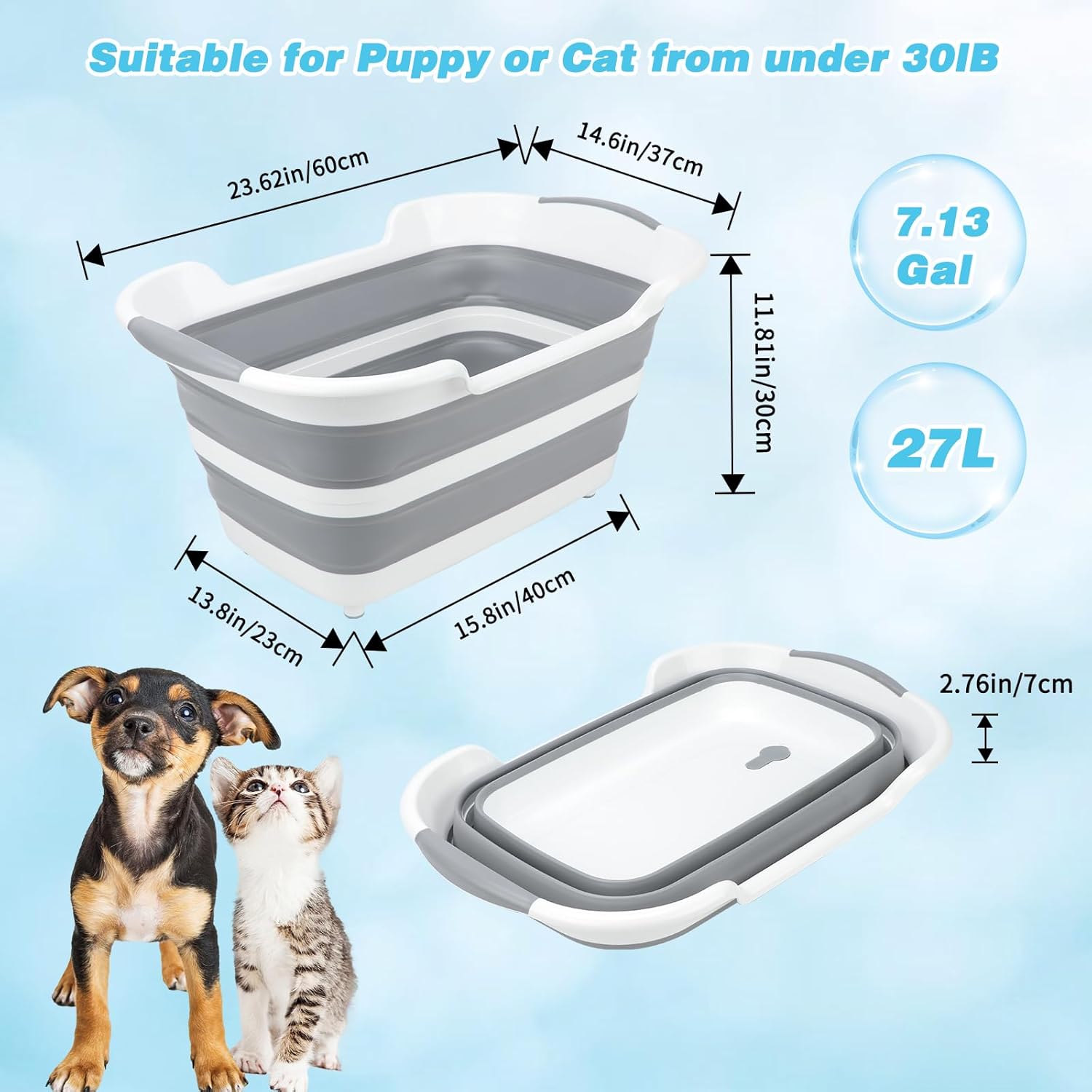 FHTONGE 7.13 Gal/27L Raised Collapsible Dog Bathtub with Drain Fur Catcher | Multifunctional Pet Washtub for Small to M Dog, Portable Puppy Tub Cat Shower Basin Laundry Basket Storage Organize Bucket
