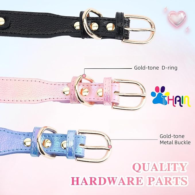 THAIN Fashion Dog Collar with Bling Diamonds & Heart Charm – 5 Holes Adjustable PU Leather Rhinestones Necklace Collar, Gold Buckle for Medium Dogs boy (Blue, M)