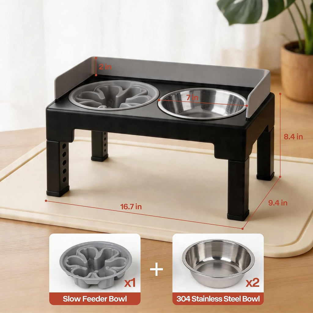 Pawise Elevated Dog Bowl Stand，Adjustable Height，Slow Feeder for Dogs | Splash proof,1 Slow Feeder Bowl， 2 stainless steel bowls, 6 heights for all dog sizes
