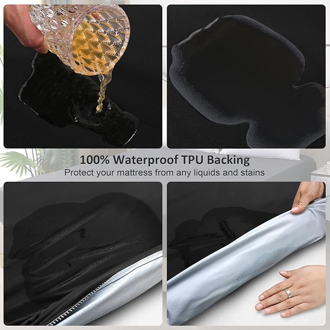 Waterproof Mattress Protector Queen, Fitted Sheet Style Breathable Mattress Cover with Deep Pocket Fits Up to 18'', Machine Washable Noiseless Bed Cover for Kids Adults Pets (Black, 60'' X 80'')