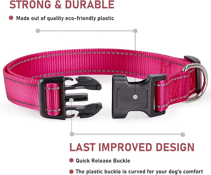Reflective Dog Collar with Buckle Adjustable Safety Nylon Collars for Small Medium Large Dogs, Hotpink XS