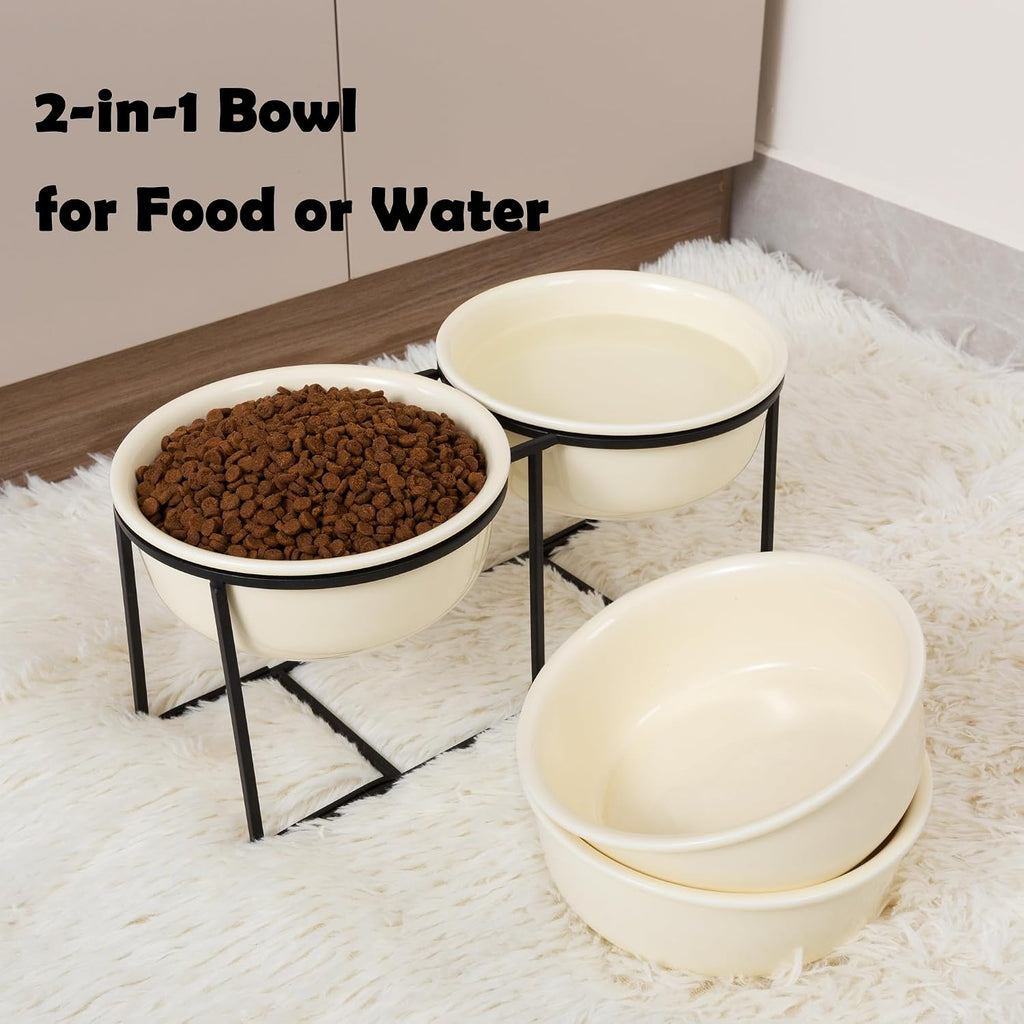 Elevated Ceramic Dog Bowl Set - Double Dishes with Non-Slip Iron Stand - Raised Feeding Station for Food & Water - Ideal for Small and Medium Dogs - 2 × 720ml Capacity - Beige - 15 cm Height