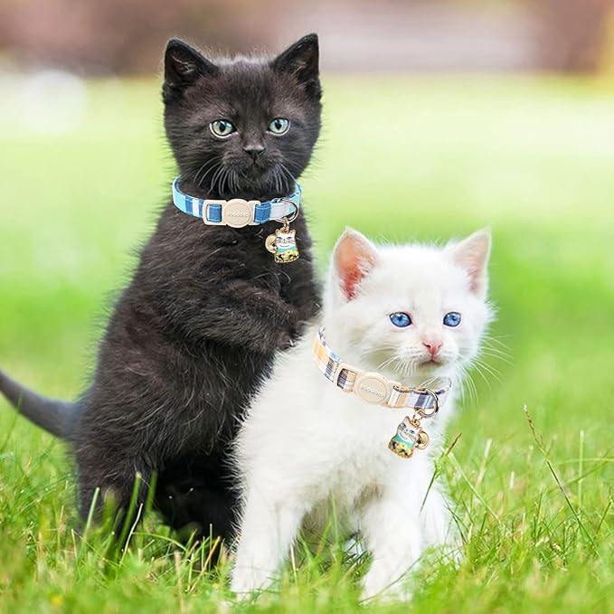 DOGWONG Cat Collar, 2 Blue Plaid Pack, Breakaway with Bell, Safety Buckle, Adjustable 7-12 Inch, Perfect Fit for Cats & Small Dogs