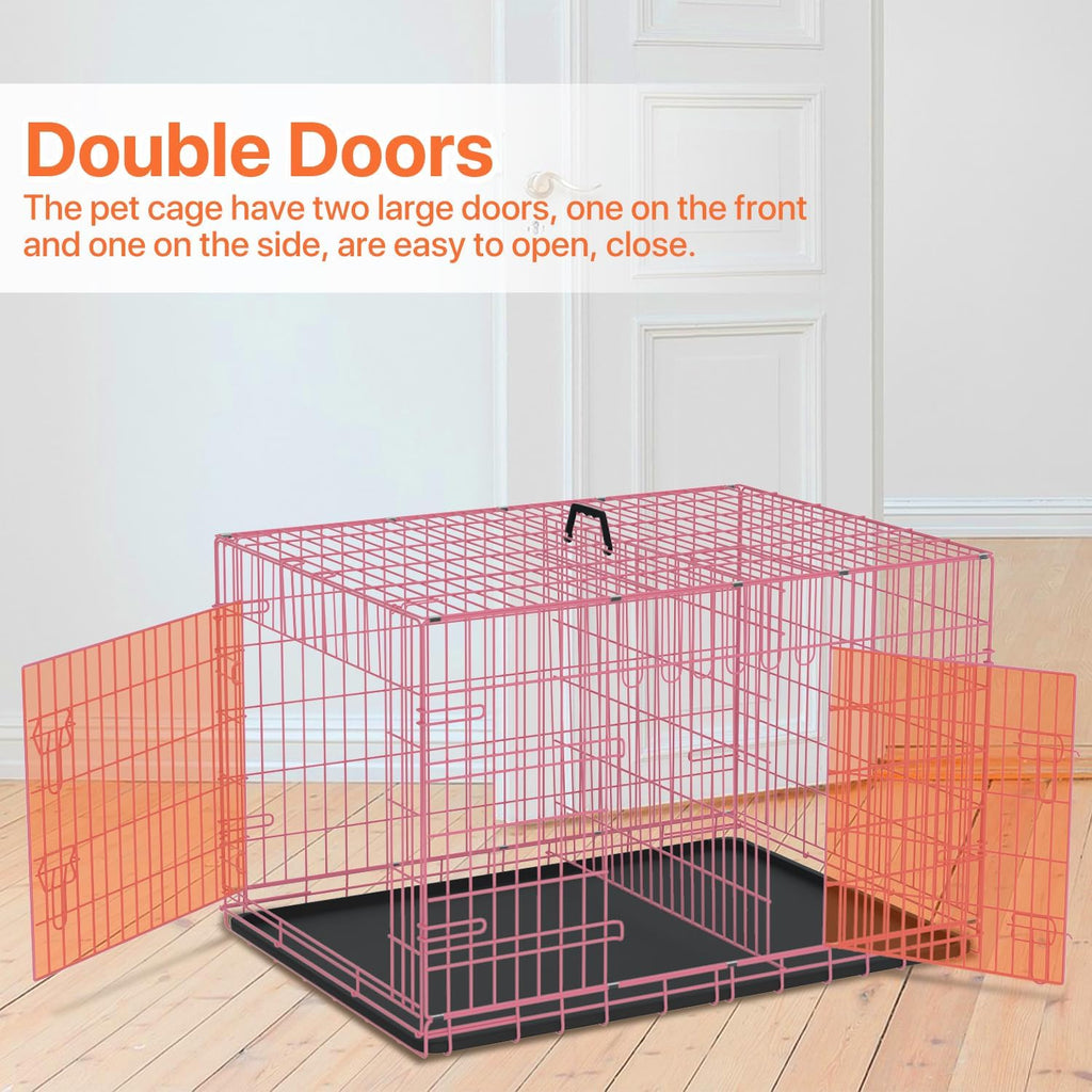 Dog Crate for Large Medium Small Dogs, Folding Dog Kennel Cage with Plastic Tray & Divider 48"/42"/ 36"/ 30"/ 24" Indoor Outdoor Metal Double Door Heavy Duty Dog Pen Enclosure, Pink(24 Inch)