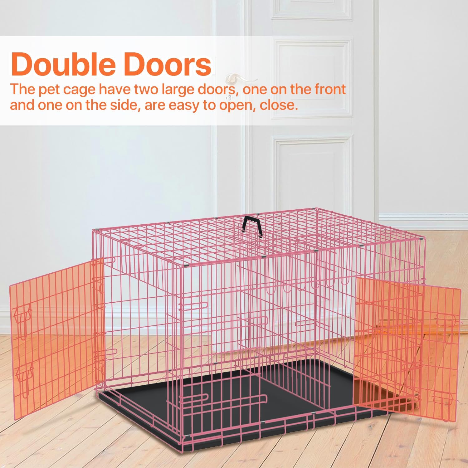 Dog Crate for Large Medium Small Dogs, Folding Dog Kennel Cage with Plastic Tray & Divider 48"/42"/ 36"/ 30"/ 24" Indoor Outdoor Metal Double Door Heavy Duty Dog Pen Enclosure, Pink(24 Inch)