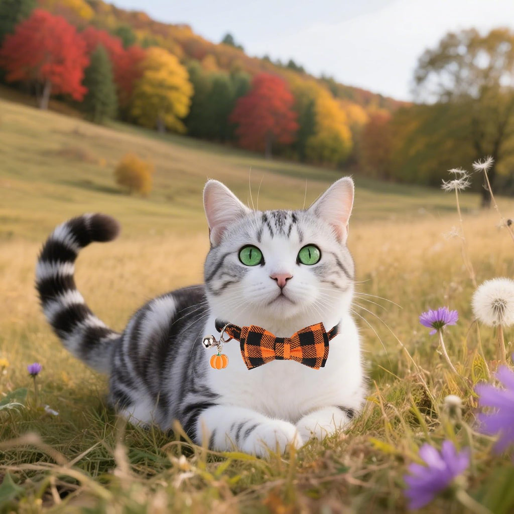 Fall Cat Collar Breakaway, Orange Plaid Thanksgiving Cat Bow Tie | Detachable Bowtie Bell, Cute Autumn Charm, Breakaway Buckle, Adjustable, For Cat Kitten, Fall Thanksgiving Holiday Party