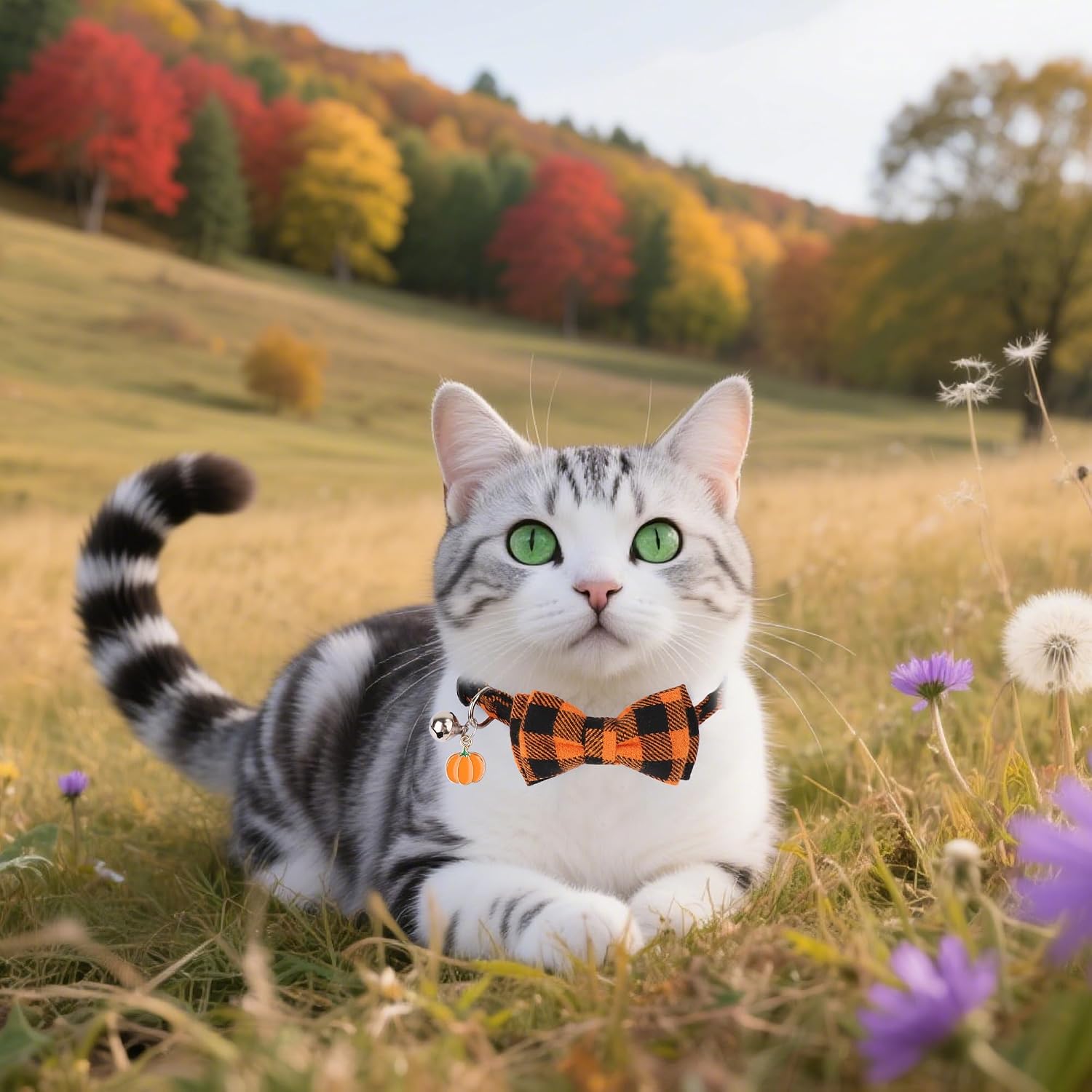 Fall Cat Collar Breakaway, Orange Plaid Thanksgiving Cat Bow Tie | Detachable Bowtie Bell, Cute Autumn Charm, Breakaway Buckle, Adjustable, For Cat Kitten, Fall Thanksgiving Holiday Party