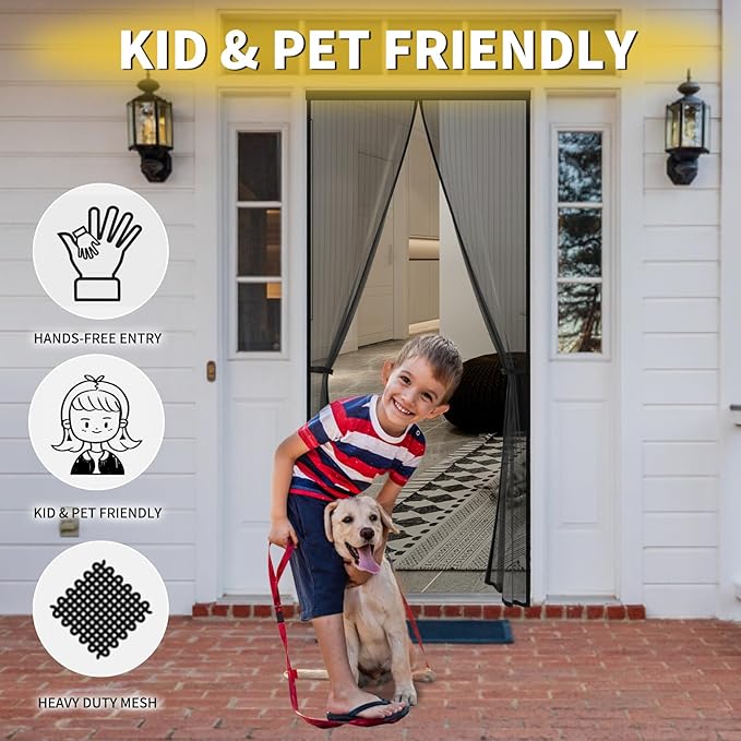 Magnetic Screen Door - Fit for Door Size:38x82 Inch, Screen Itself Size:40" x 84", Hands Free Mesh Partition,Heavy Duty Screen Door Mesh Curtain Keeps Bugs Out, Frame Hook & Loop, Pet and Kid Friendly